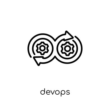 DevOps simgesi. Modaya uygun modern düz doğrusal vektör Devops simge teknoloji koleksiyonu, düzenlenebilir anahattı kontur vektör çizim ince satırından beyaz arka plan üzerinde
