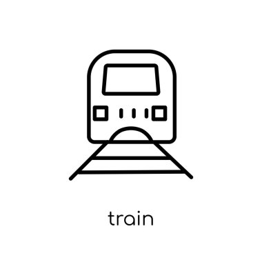 Tren simgesi. Modaya uygun modern düz doğrusal vektör tren ince çizgi Collection, Anahat vektör çizim beyaz arka plan üstünde kutsal kişilerin resmi