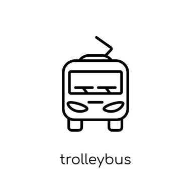 Troleybüs simgesi. Modaya uygun modern düz doğrusal vektör troleybüs simgesi ince çizgi ulaşım Collection, Anahat vektör çizim beyaz arka plan üzerinde