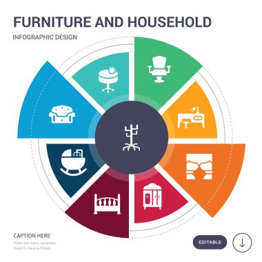 9 basit mobilya ve ev vektör simgeler kümesi. kat stand, sehpa, kanepe, beşik, beşik, dolap, perdeleri simgeler ve diğerleri gibi içerir. düzenlenebilir infographics tasarım