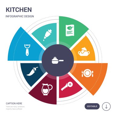 9 basit mutfak vektör simgeler kümesi. Pan, hamur işi çanta, soyma, biber, sürahi, pizza kesici, plaka simgeler ve diğerleri gibi içerir. düzenlenebilir infographics tasarım