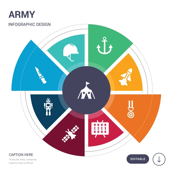 Conjunto de 9 simples íconos vectoriales del ejército. contiene como tienda militar, casco militar, cuchillo militar, máquina robot militar, satélites, estrategia, iconos de medallas militares y otros. editable — Vector de stock