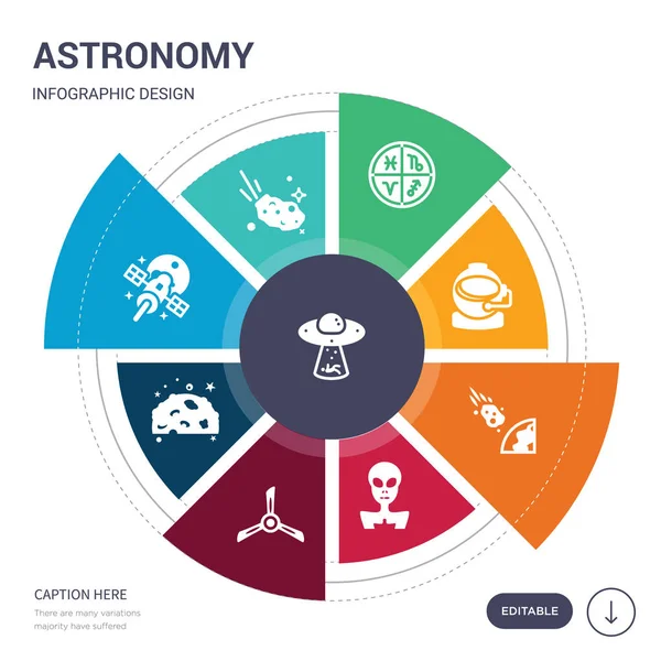 Conjunto de 9 iconos vectoriales astronómicos simples. contiene tales como abducción, aerolita, aeroespacial, aerosfera, tornillo de aire, extranjero, iconos de asteroides y otros. diseño de infografías editable — Vector de stock