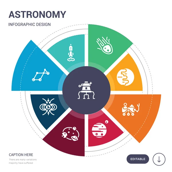 Набір з 9 простих значків векторної астрономії. містить такі як посадковий модуль, тривалість життя, сузір'я ліри, магнітне поле, величину, марсіанські марсоходи та інші. редагований дизайн інфографіки — стоковий вектор