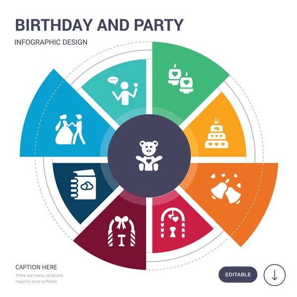 Σύνολο 9 απλά γενέθλια και πάρτι ανυσματικά εικονίδια. περιέχει όπως αρκουδάκι, τοστ, γάμο, άλμπουμ γάμου, γαμήλιο θυσιαστήριο, Καμάρα, κουδούνια εικονίδια και άλλα. επεξεργάσιμη infographics σχεδιασμού — Διανυσματικό Αρχείο