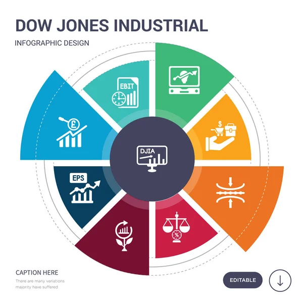 Conjunto de 9 simples iconos de vectores industriales dow jones. contiene tales como dow jones media industrial, ebit, ebitda, ganancias por acción (eps), crecimiento económico, economías de escala, iconos de elasticidad y — Vector de stock