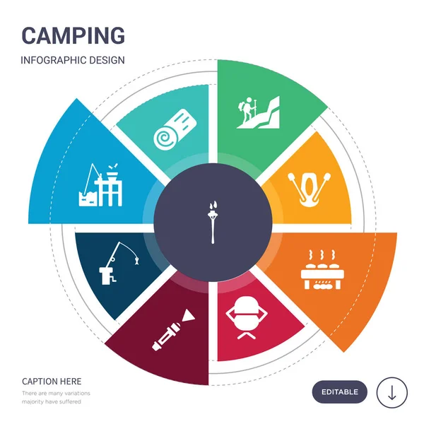 Zestaw 9 prostych camping ikon wektorowych. zawiera takie jak lampa ogień, drewno opałowe, połowów, wędkę, latarka, składane krzesła, grill ikony i inne. Projekt można edytować infografiki — Wektor stockowy