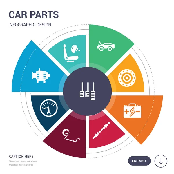 Conjunto de 9 piezas de automóviles simples iconos vectoriales. contiene como acelerador de coche, bolsa de aire del coche, alternador, amperímetro, barra anti-roll, eje, iconos de la batería y otros. diseño de infografías editable — Vector de stock