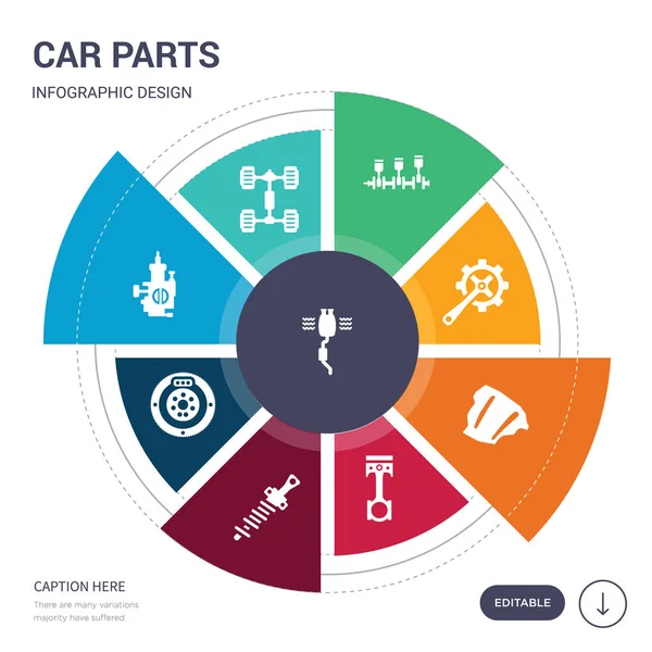 Conjunto de 9 piezas de automóviles simples iconos vectoriales. contiene como catalizador de coche, chasis del coche, estrangulamiento, embrague, bobina, varilla de conexión, iconos de la chimenea y otros. diseño de infografías editable — Vector de stock