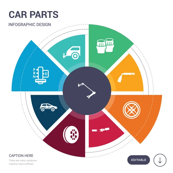 Το σύνολο των 9 απλό αυτοκίνητο ανταλλακτικά ανυσματικά εικονίδια. περιέχει όπως αυτοκίνητο torsion φραγμός, κοτσαδόρος αυτοκινήτου, μετάδοση, τελειώματα, ελαστικών, universal κοινή, τροχός εικονίδια και άλλα. επεξεργάσιμη infographics σχεδιασμού — Διανυσματικό Αρχείο