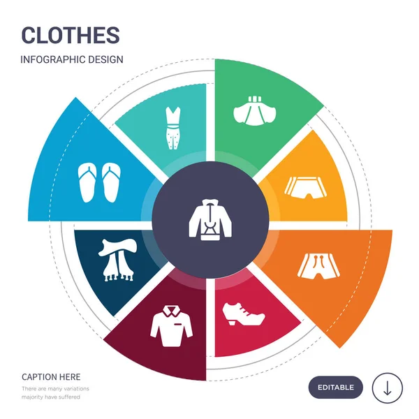 Set di 9 semplici icone vettoriali vestiti. contiene come pullover, pigiami, sandali, scialle, camicia, scarpe, icone corte e altri. design infografico modificabile — Vettoriale Stock