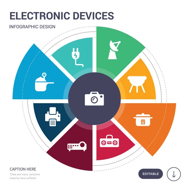 Conjunto de 9 simples iconos de vectores de dispositivos electrónicos. contiene como cámara fotográfica, enchufe, olla a presión, impresora, proyector, radio, iconos de cocina de arroz y otros. diseño de infografías editable — Vector de stock