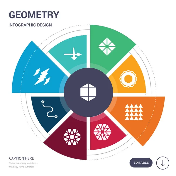 Set van 9 eenvoudige meetkunde vector iconen. bevat zoals icosaëder, SNIJPUNT, bliksemschicht veelhoekige, lijnsegment, kubus van metatron, meerdere driehoeken binnen zeshoek, meerdere driehoeken — Stockvector