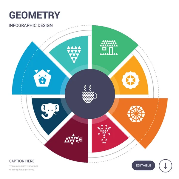 Conjunto de 9 iconos de vector de geometría simple. contiene como taza de café poligonal, forma de diamante poligonal de triángulos pequeños, perro poligonal, elefante, forma de pez de triángulos pequeños, jirafa, hexágono — Vector de stock