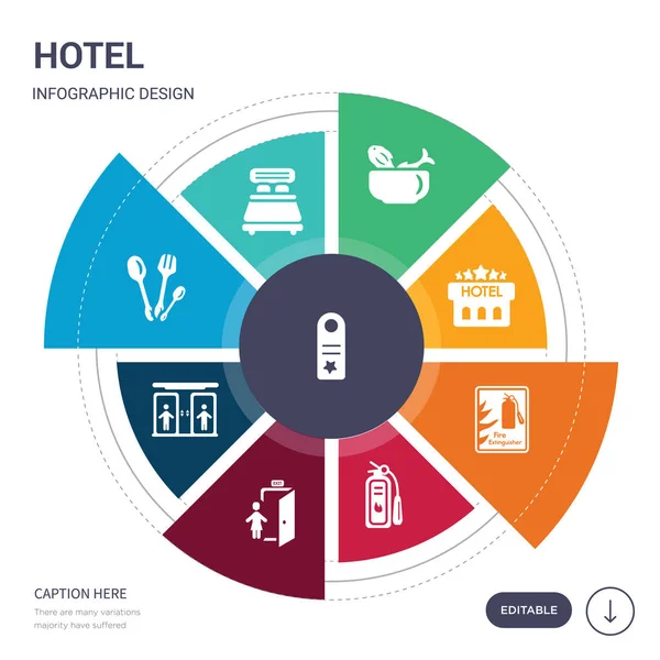 Set med 9 enkla hotel vector ikoner. innehåller till exempel dörr hängare, dubbelsäng, äta köksredskap, Hiss, exit, brandsläckare, brandsläckare ikoner m.fl. redigerbara infographics design — Stock vektor