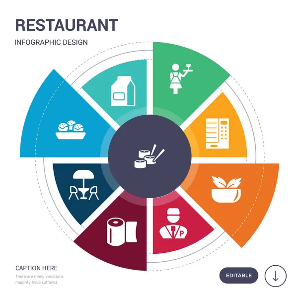 Set van 9 eenvoudige restaurant vector iconen. bevat zoals sushi, af te halen, Poffertjespan, Terras, wc-papier, valet, vegetarische pictogrammen en anderen. bewerkbare infographics ontwerp — Stockvector