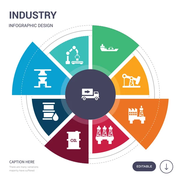 Conjunto de 9 iconos simples vector de la industria. contiene como logística, máquina, prensa de máquinas, petróleo, barril de petróleo, industria petrolera, iconos de la plataforma y otros. diseño de infografías editable — Vector de stock