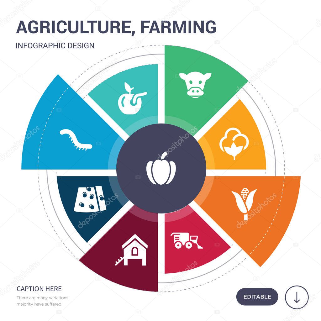 set of 9 simple agriculture, farming vector icons. contains such as capsicum, worm, caterpillar, cheese, chicken coop, combine harvester, corn icons and others. editable infographics design