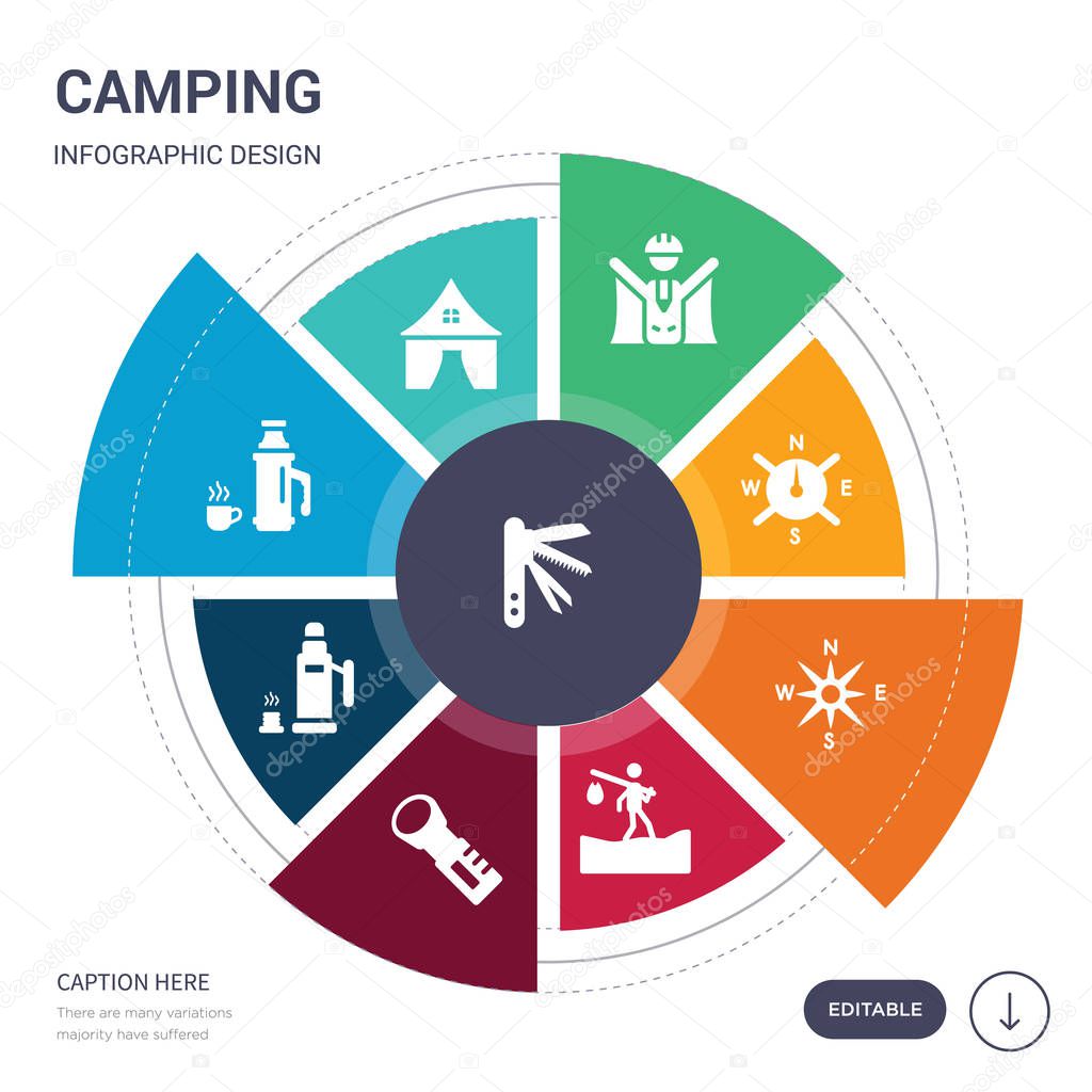 set of 9 simple camping vector icons. contains such as swiss knife, tent, thermo, thermos, torch, trekking, wind rose icons and others. editable infographics design