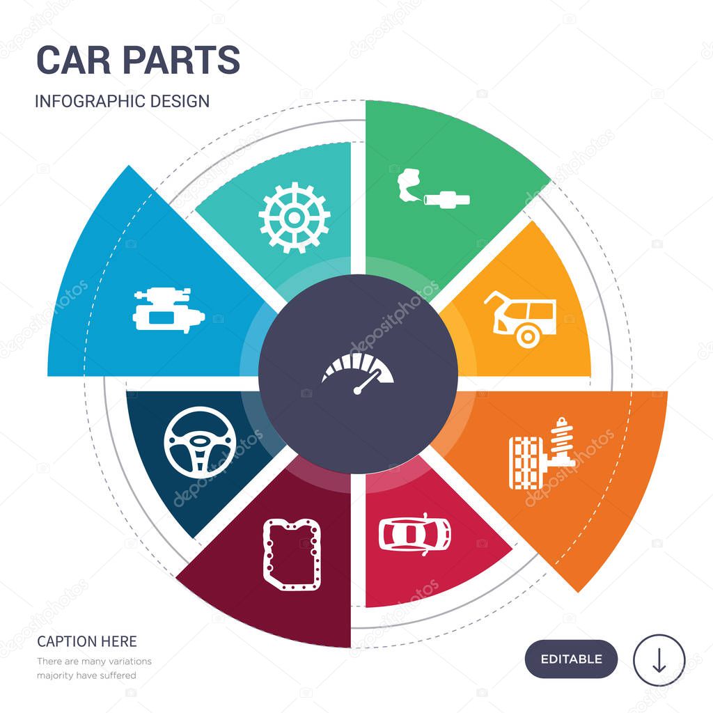 Set of 9 simple car parts vector icons. contains such as car speedometer, car sprocket, starter, steering wheel, sump, sunroof or sunshine roof, suspension icons and others. editable infographics