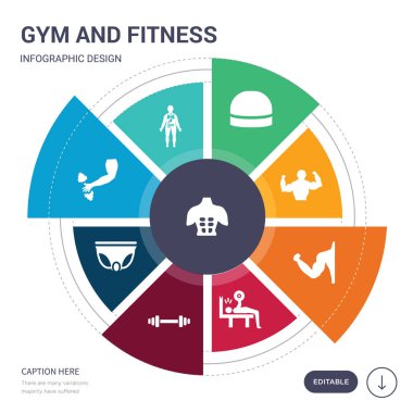 9 basit jimnastik salonu ve fitness vektör simgeler kümesi. ABS, anatomi, kol, atletik kayış, halter, bench press, pazı simgeler ve diğerleri gibi içerir. düzenlenebilir infographics tasarım