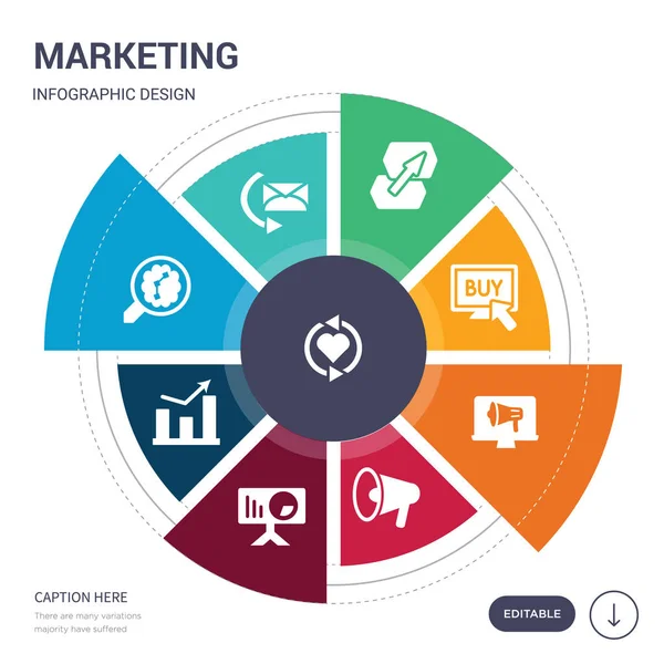 Conjunto de 9 ícones vetoriais de marketing simples. contém como lealdade, correio, marketing, gráfico de marketing, apresentação, megafone, ícones on-line e outros. design de infográficos editáveis —  Vetores de Stock