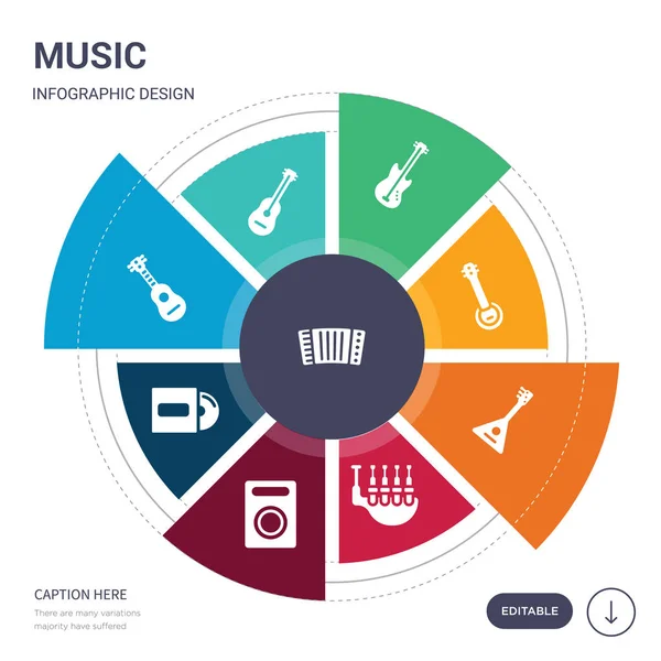 Készlet 9 egyszerű zene vektoros ikonok. tartalmaz, mint a harmonika, akusztikus, gitár, album, erősítő, duda, balalajka ikonok és mások. szerkeszthető infographics design — Stock Vector