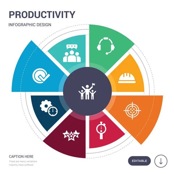 Conjunto de 9 simples iconos de vectores de productividad. contiene como la competencia, discusión, hecho, eficiencia, favorito, calibre, íconos objetivo de armas y otros. diseño de infografías editable — Vector de stock