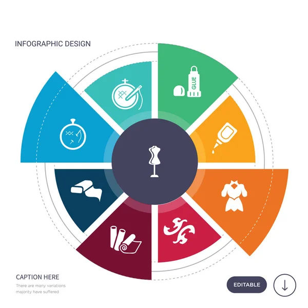 Conjunto de 9 simples iconos de vectores de costura. contiene como maniquí, bordado, aro bordado, tela, telas, curva francesa, iconos de prendas de vestir y otros. diseño de infografías editable — Vector de stock