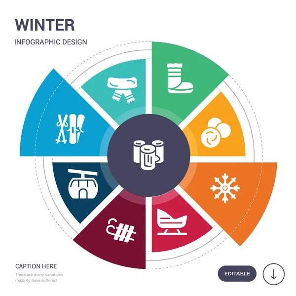 Conjunto de 9 simples iconos de vector de invierno. contiene como troncos, bufanda, equipo de esquí, telesilla, trineo, trineo, iconos de la nieve y otros. diseño de infografías editable — Vector de stock