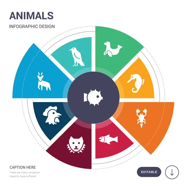 Conjunto de 9 animales simples iconos vectoriales. contiene como hinchazón, cuervo, huevas, gallo, sable, salmón, iconos escorpión y otros. diseño de infografías editable — Archivo Imágenes Vectoriales