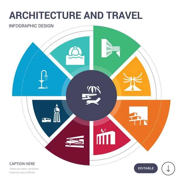 Conjunto de 9 iconos de arquitectura simple y vector de viaje. contiene como playa, pelota de playa, ducha de playa, ben grande, tarjeta de embarque, brandenburg, iconos de muro de ladrillo y otros. diseño de infografías editable — Vector de stock