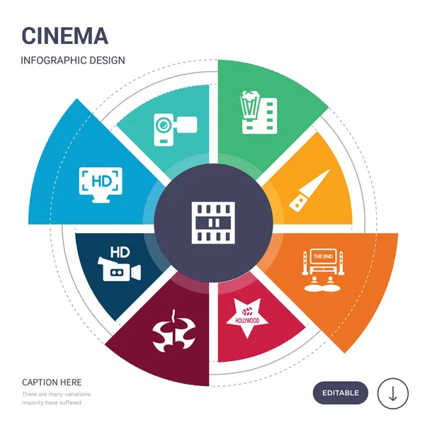 Készlet 9 egyszerű mozi vektoros ikonok. tartalmazza például a freeze frame, handicam, hd, hd film, hitman, hollywoodi sztár, házimozi ikonok és mások. szerkeszthető infographics design — Stock Vector