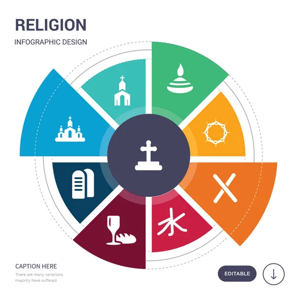 Conjunto de 9 iconos de vectores de religión simple. contiene tales como cristiano, cristianismo, iglesia, mandamientos, comunión, confucianismo, iconos de la cruz y otros. diseño de infografías editable — Vector de stock