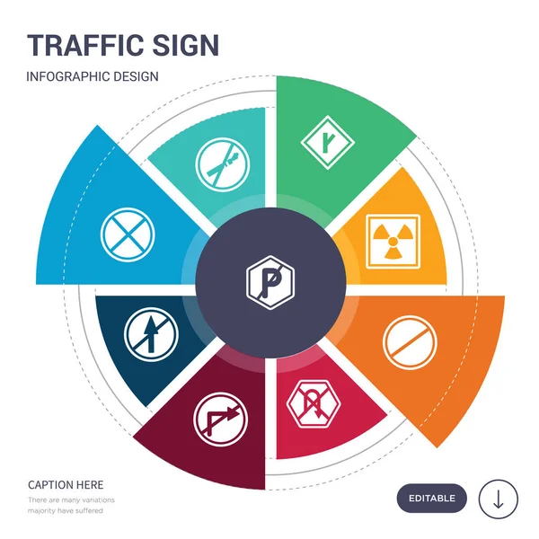 Conjunto de 9 iconos de vector de señal de tráfico simple. contiene como no hay aparcamiento, no fumar, no parar, recto, gire a la derecha, gire, iconos de espera y otros. diseño de infografías editable — Vector de stock