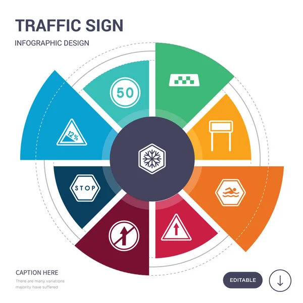 Conjunto de 9 iconos de vector de señal de tráfico simple. contiene tales como límite de velocidad, descenso pronunciado, parada, prohibición recta ninguna entrada, recta, natación, t iconos de unión y otros. infografías editable — Vector de stock