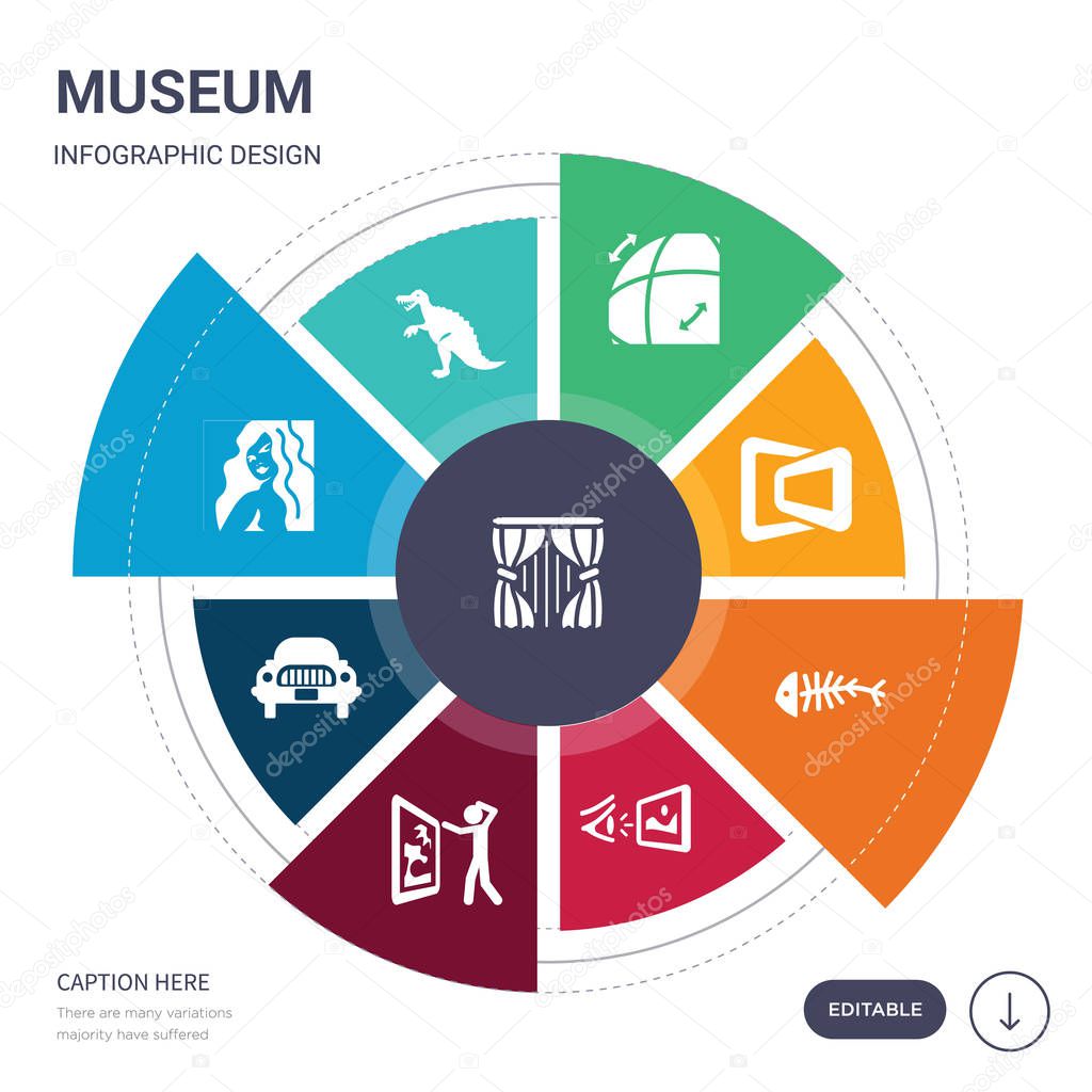 set of 9 simple museum vector icons. contains such as curtain, dinosaur, el greco, excursion, exhibit, exhibition, fishbone icons and others. editable infographics design