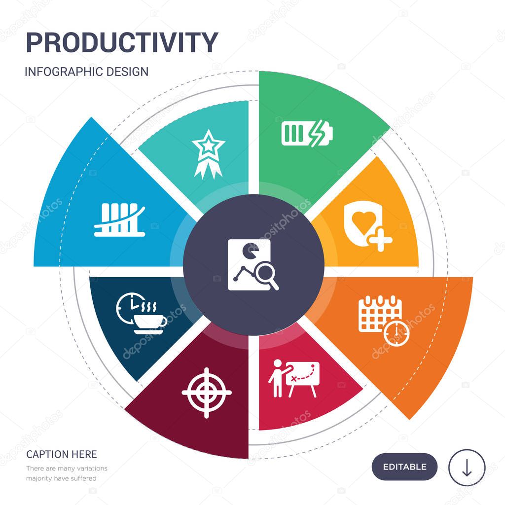set of 9 simple productivity vector icons. contains such as analyze, appreciation, bar graph, break, bullseye with target, businessman and tactics, calendar with deadlines icons and others. editable