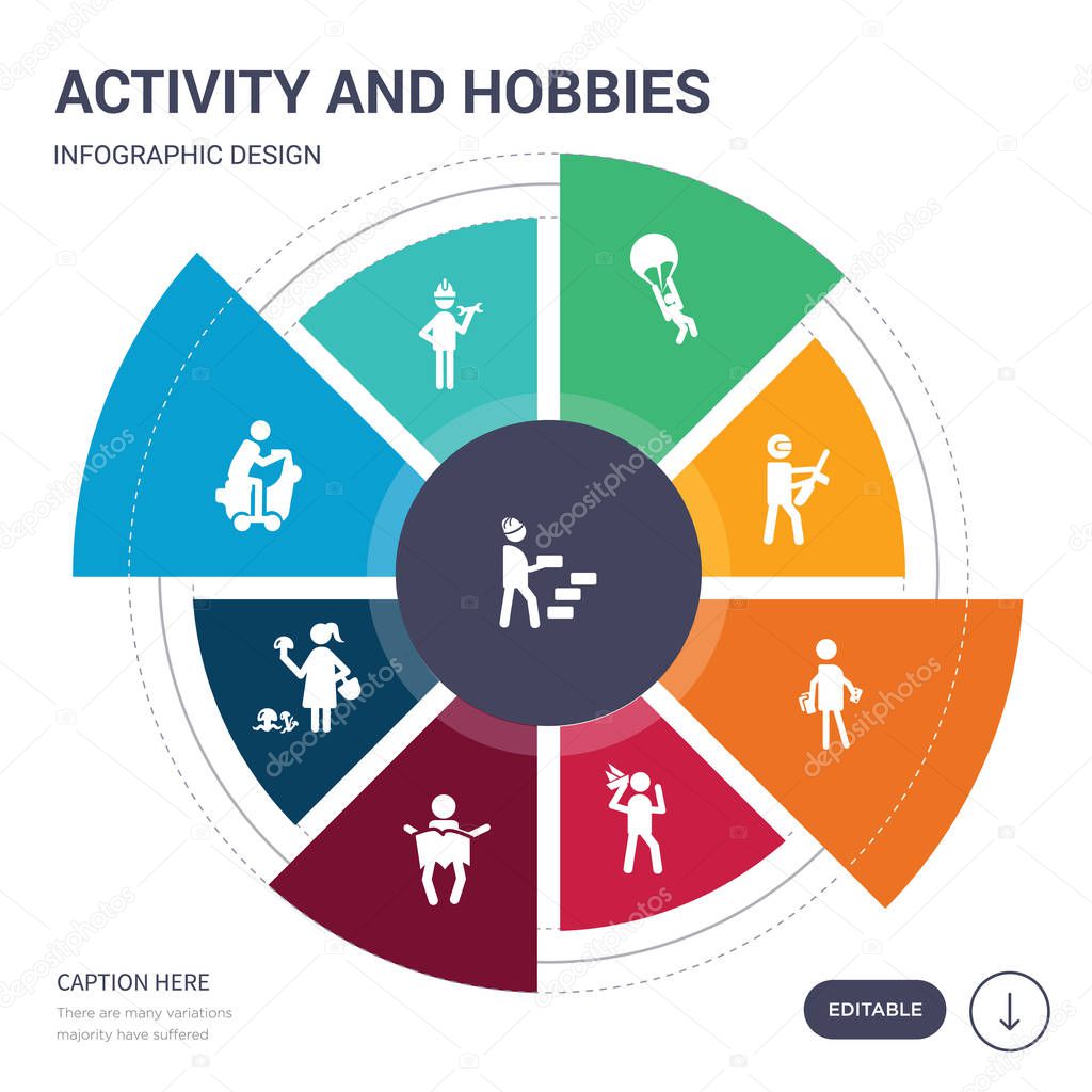 set of 9 simple activity and hobbies vector icons. contains such as model building, modeling, motorcycle riding, mushrooming, newspaper reading, origami, pachinko icons and others. editable