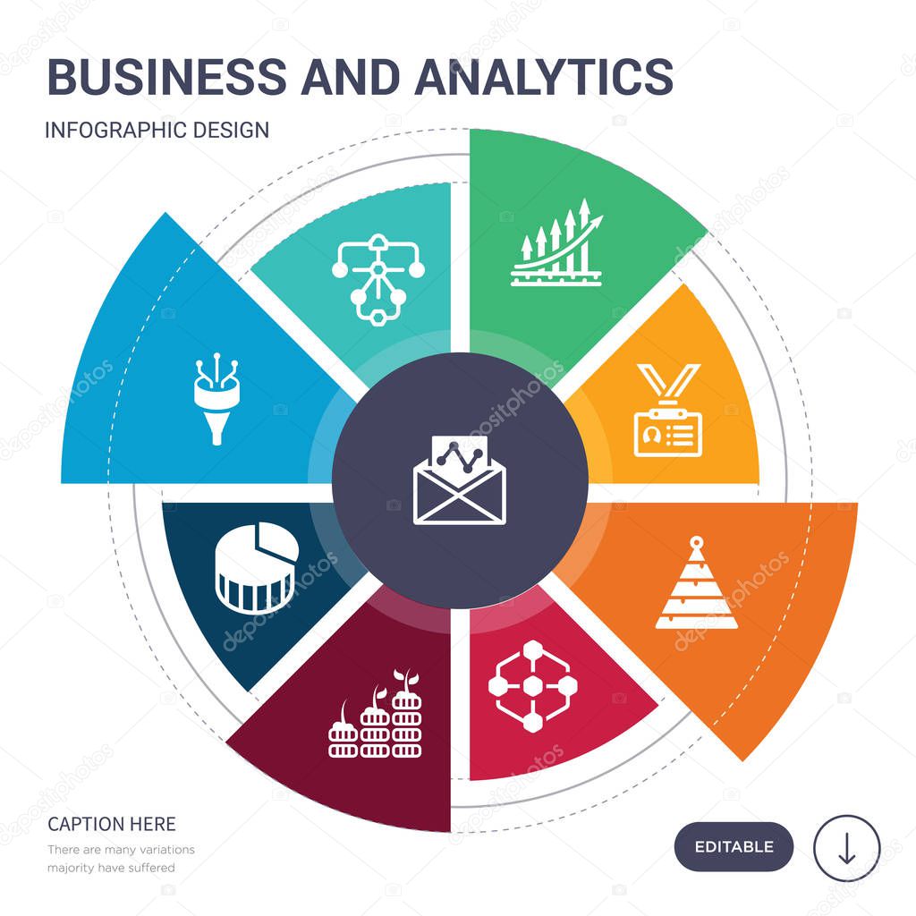 set of 9 simple business and analytics vector icons. contains such as email analytics, flow chart, funneling data, graph pie, growth, hexagonal interconnections, hierarchy icons and others. editable