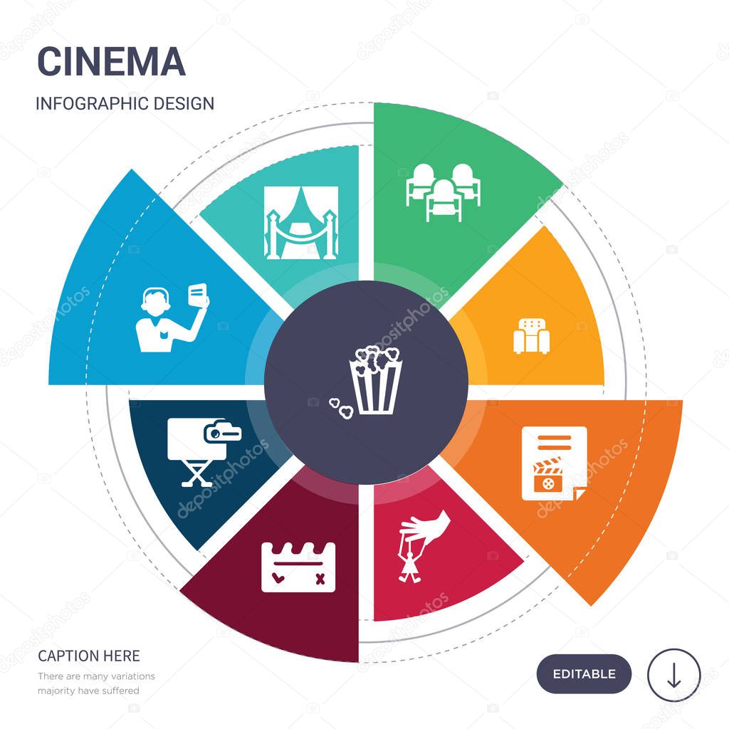 set of 9 simple cinema vector icons. contains such as popcorn, premiere, producer, projector screen, prompt box, puppet, scenario icons and others. editable infographics design