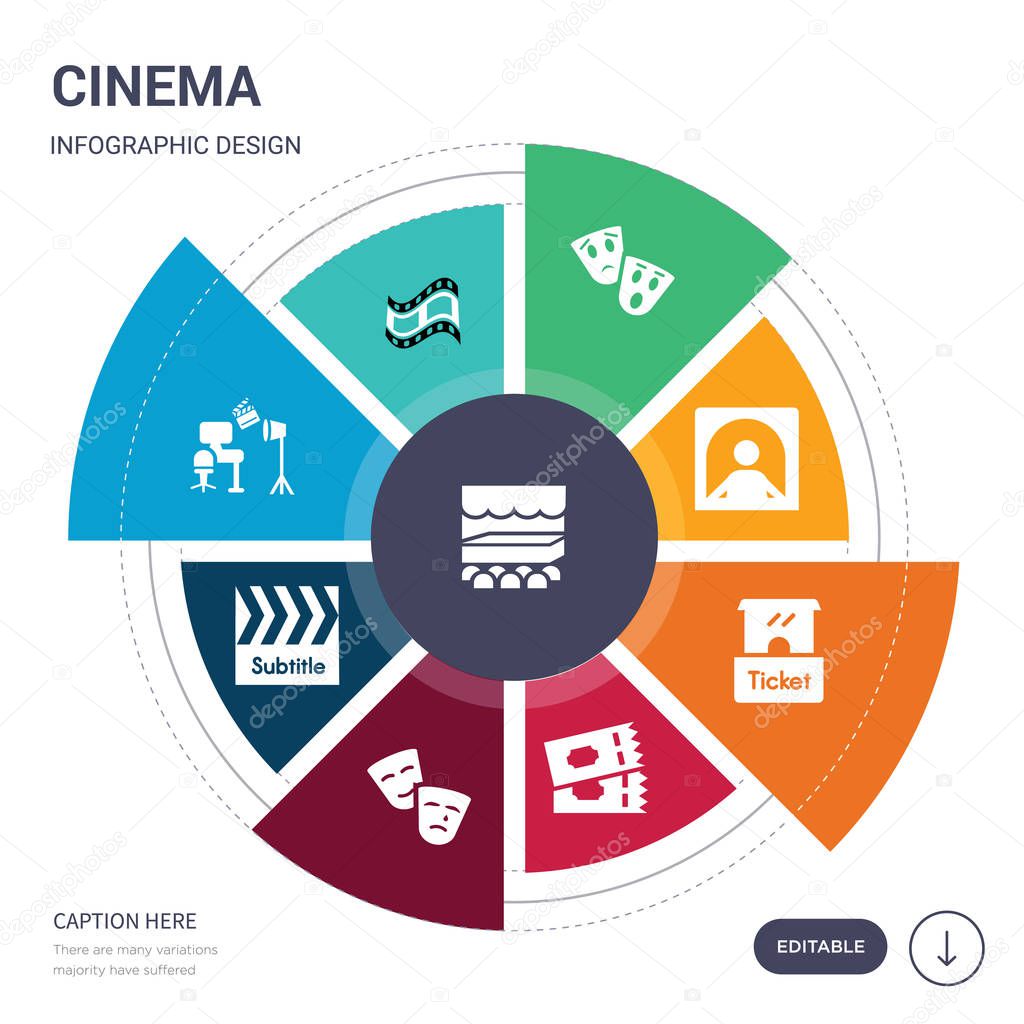 set of 9 simple cinema vector icons. contains such as stage, storyboard, studio, subtitle, theatre, ticket, ticket office icons and others. editable infographics design