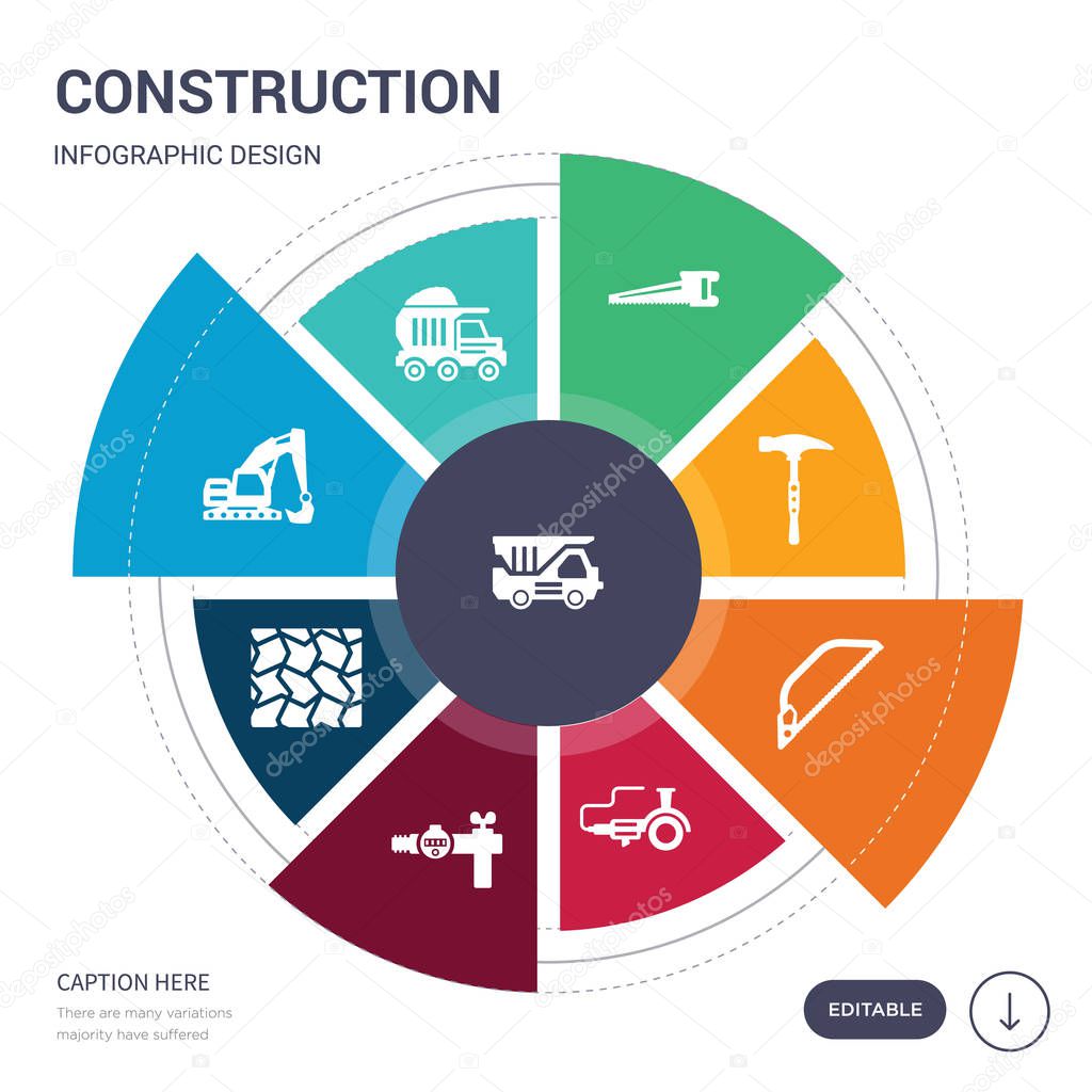set of 9 simple construction vector icons. contains such as dump truck, dumper, excavator, floor, gas pipe, grinder, hacksaw icons and others. editable infographics design