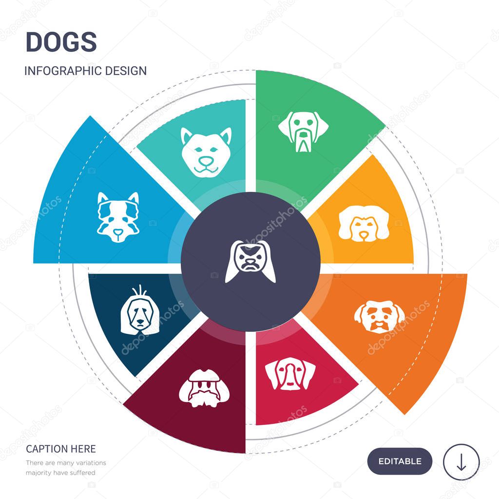 set of 9 simple dogs vector icons. contains such as japanese chin dog, jindo dog, keeshond dog, komondor labradoodle vizsla maltese icons and others. editable infographics design