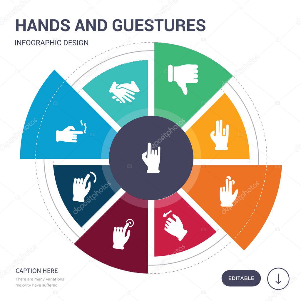 set of 9 simple hands and guestures vector icons. contains such as rock and roll, shake gesture, shoot gesture, slide to shrink, tactil gesture, tactile command down three finge hand icons and