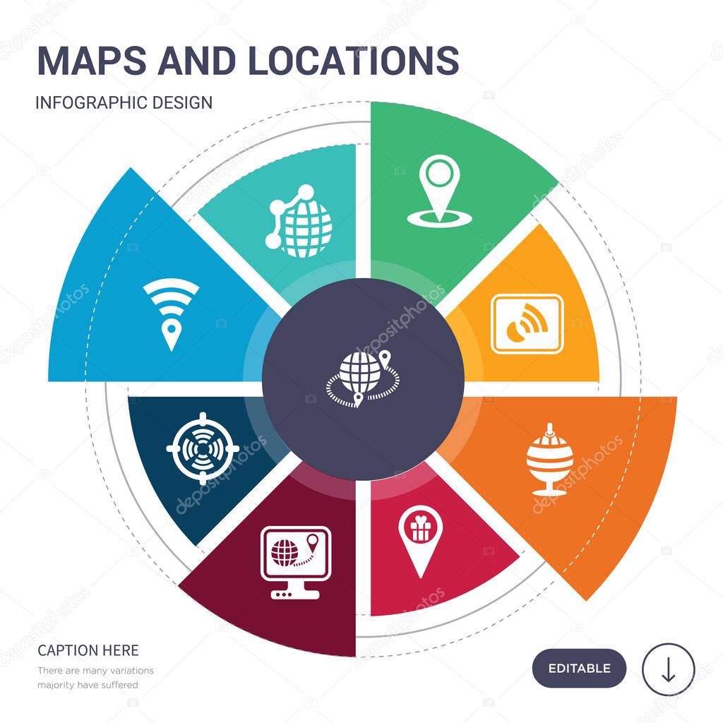 set of 9 simple maps and locations vector icons. contains such as geo targetting, geoanalytics, geolocalization, geolocation, geoshape, gift shop location, globe icons and others. editable