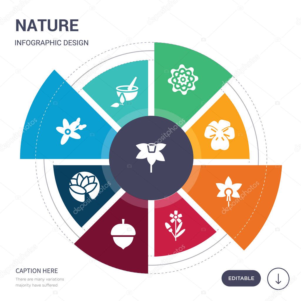 set of 9 simple nature vector icons. contains such as narcissus, natural medical pills, neroli, nymphea, oak, oleander, orchid icons and others. editable infographics design