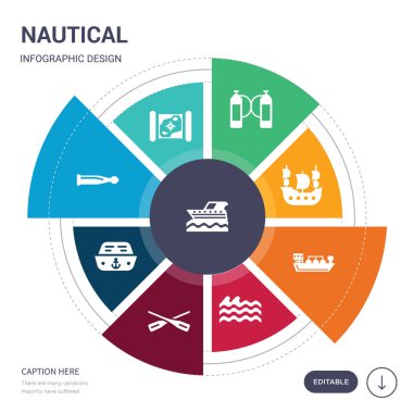 set of 9 simple nautical vector icons. contains such as motorboat, nautical map, nautical monocular, navy hat, oars, ocean waves, oil tanker ship icons and others. editable infographics design clipart