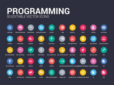 50 java gibi set simgeleri programlama, js, klavye ve fare, açılış sayfası, mobil uygulaması, mobil geliştirme, mysql, işletim sistemi, en iyi duruma getirme. basit modern izole vektör simgeler kullanmak olabilir