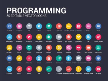 404 hata, adaptif düzen, reklam, reklam sıçrama, algoritması, API, app, arşiv, makale gibi set simgeleri programlama 50. basit modern izole vektör simgeler web telefon kullanmak olabilir